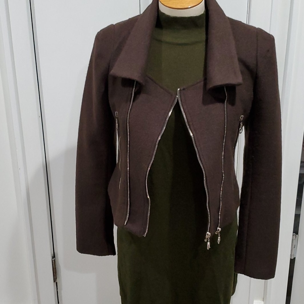 Women’s Chocolate Brown Bouclé Moto Jacket – Textured Biker Style Size Medium